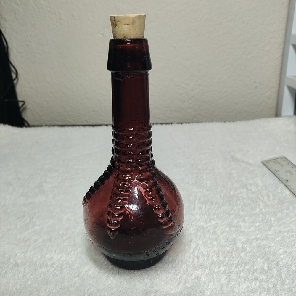 Vintage Burgundy Glass Ball And Claw Bitters Bottle Cork Stopper Collectible 7"